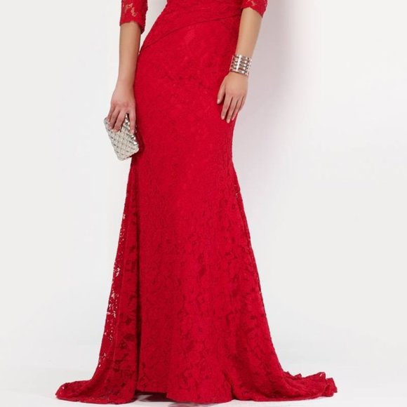 NEW Red Long Lace Dress, 3/4 Sleeve Holiday Formal Sexy, Cruise Prom Mother's - Picture 2 of 10
